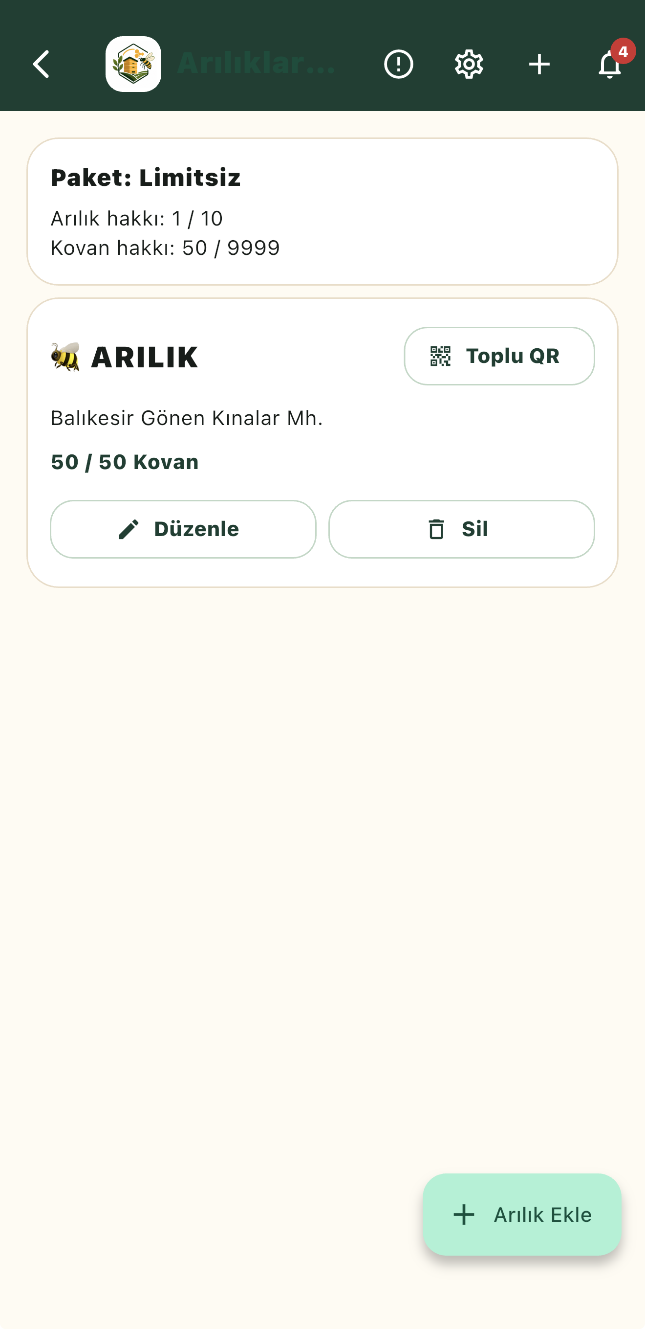 Kovan Defteri arılık düzenleme ekranı