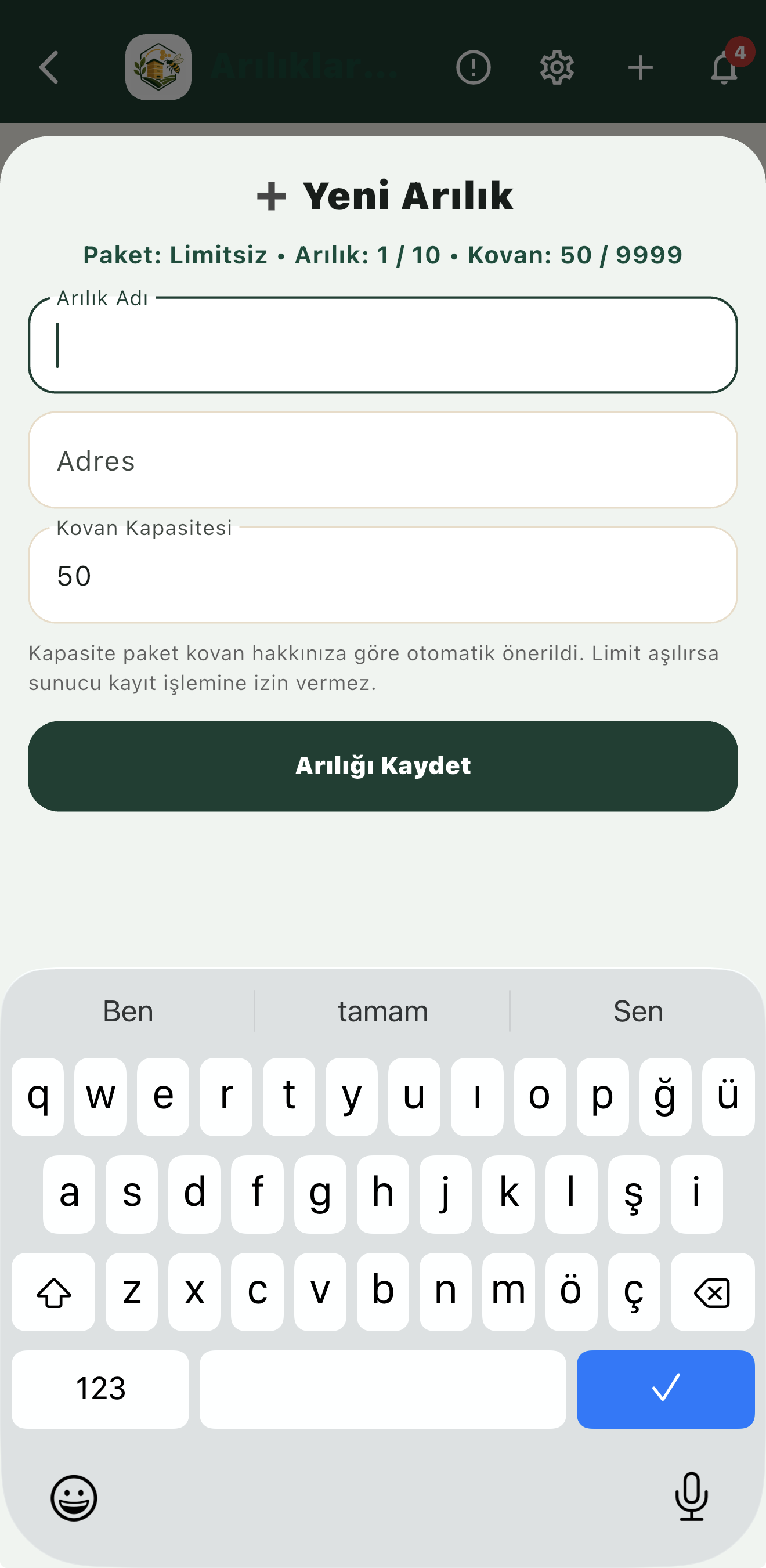 Kovan Defteri arılık ekleme ekranı
