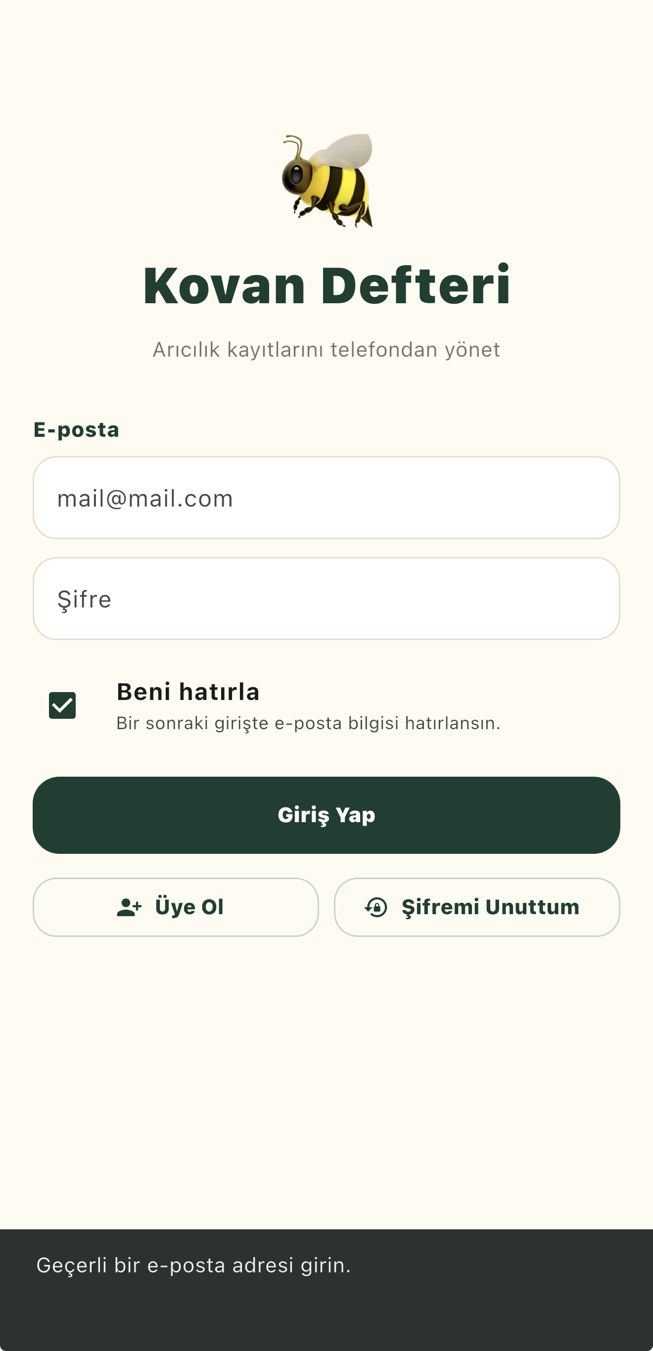 Kovan Defteri giriş ekranı