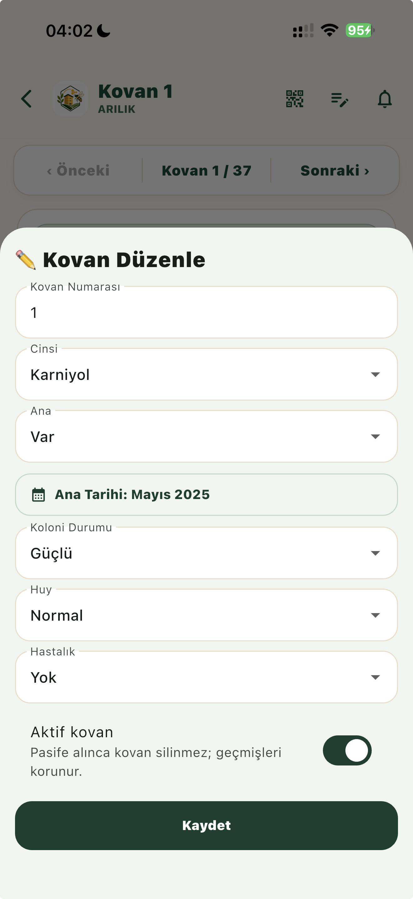 Kovan Defteri kovan düzenleme ekranı