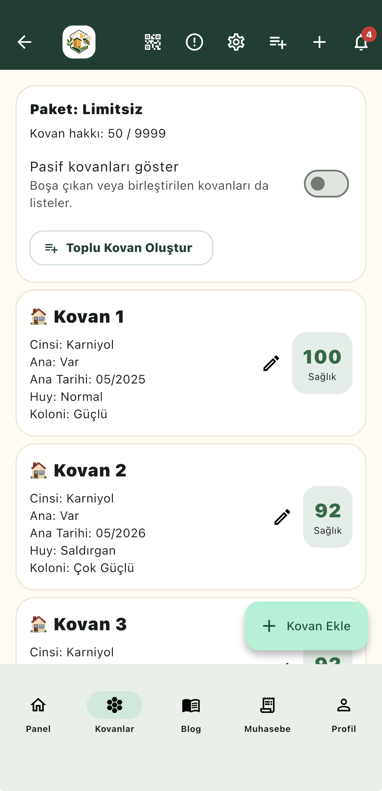 Kovan Defteri kovan ekleme ekranı