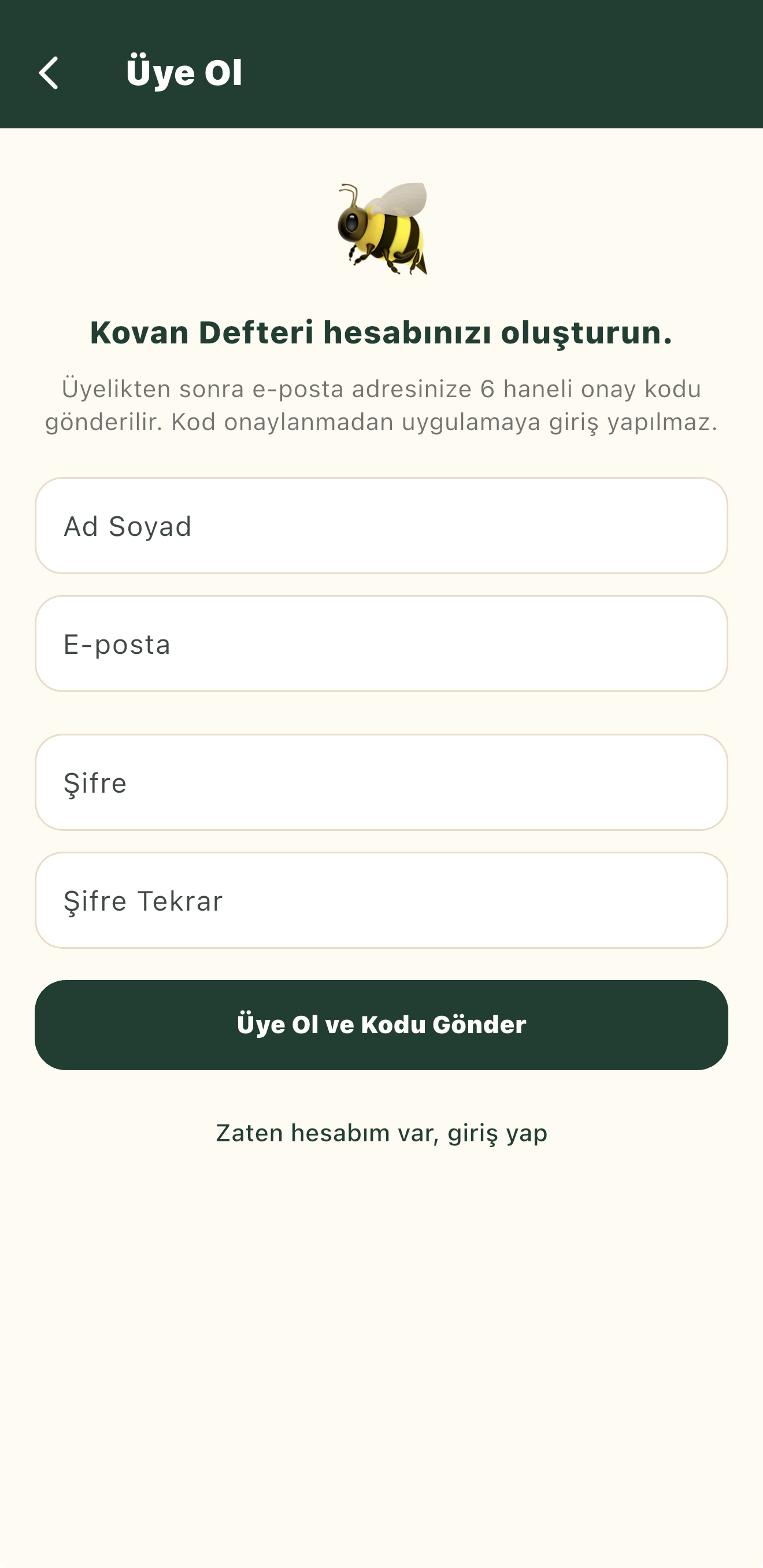 Kovan Defteri üyelik ekranı